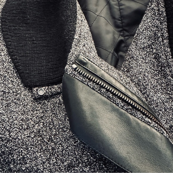 VINCE Black White Tweed Shawl Collar Asymmetric Zip Coat Ribbed Leather Size S - Picture 14 of 15